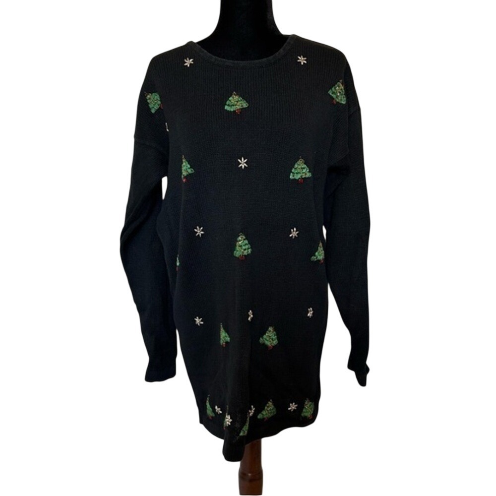 Victoria Jones Christmas Tree Beaded Sweater Black Ramie Cotton Vintage Medium